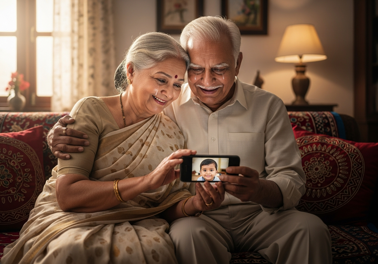 Indian grandparents viewing baby memories